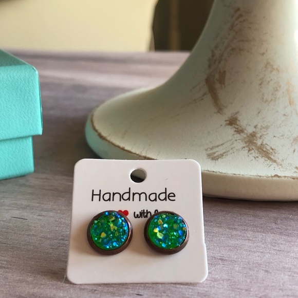 Green Chunky Druzy Copper Stud Earrings! - Picture 2 of 5